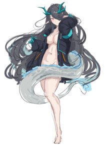 arknights dusk_(arknights) horns ken_(shutenndouji1) no_bra nopan open_shirt pointy_ears sketch tail tattoo