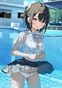 bra kantoku loli open_shirt pantsu see_through seifuku shizuku_(kantoku) skirt_lift undressing wet wet_clothes