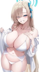 blue_archive bra dress_shirt garter_belt halo ichinose_asuna moiroowo open_shirt pantsu stockings thighhighs undressing