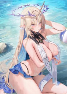 areola bikini breast_hold fleurdelys horns no_bra pointy_ears ru_zhai swimsuits tattoo wet wuthering_waves