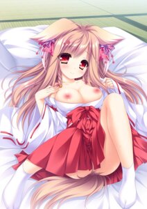 animal_ears breasts kitsune lump_of_sugar miko mito_kohaku moekibara_fumitake nipples no_bra nopan open_shirt pussy_juice skirt_lift tail tayutama tayutama_2
