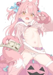 animal_ears areola halloween kani_biimu loli mikane_sebiri no_bra pantsu shirt_lift skirt_lift string_panties tail thighhighs wardrobe_malfunction