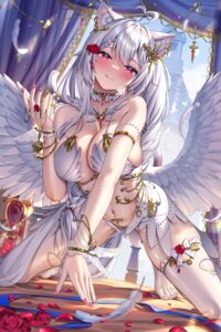 animal_ears detexted nekomimi no_bra pantsu sannio see_through tail thighhighs torn_clothes wings