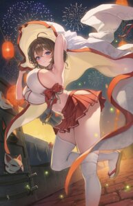 japanese_clothes miko no_bra ryu_o skirt_lift stockings takamiya_keika thighhighs