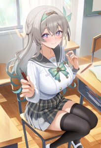 Rating: Safe Score: 30 Tags: firefly fukuro_ko_(greentea) honkai:_star_rail seifuku skirt_lift thighhighs User: Arsy