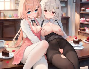breast_hold breasts no_bra open_shirt pantyhose pussy skirt_lift torn_clothes uncensored yuri zhuan_yan_ruyan