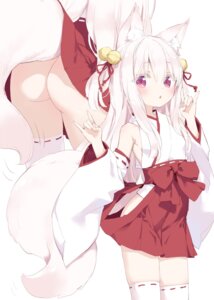 animal_ears ass kani_biimu kitsune loli miko no_bra nopan shimotsuki_potofu skirt_lift tail thighhighs wardrobe_malfunction