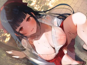 areola erect_nipples miko no_bra open_shirt pantsu pussy_juice see_through skirt_lift tegurayuki towa_nemuru wet wet_clothes
