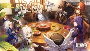 aether armor bodysuit columbina dress furina garter genshin_impact japanese_clothes lumine mavuika nahida paimon pointy_ears raiden_shogun sake tagme thighhighs venti wallpaper zhongli