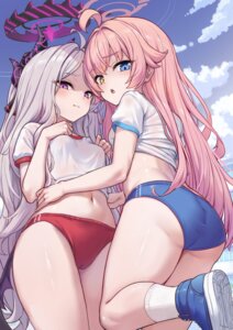 ass blue_archive buruma cameltoe devil gym_uniform halo heterochromia horns loli milkshake see_through sorasaki_hina wet_clothes wings