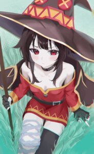 bandages dress kono_subarashii_sekai_ni_shukufuku_wo! loli megumin no_bra oekaki_siro thighhighs weapon witch