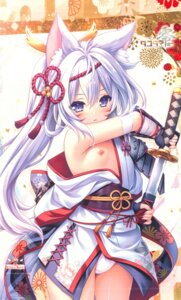 Rating: Questionable Score: 26 Tags: animal_ears armor bandages breasts japanese_clothes loli lump_of_sugar moekibara_fumitake nipples no_bra pantsu raw_scan shiroki_kemono skirt_lift sword tail tattoo tayutama tayutama_zero User: k25c2yf