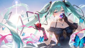 dress hatsune_miku meion no_bra see_through tattoo vocaloid wallpaper