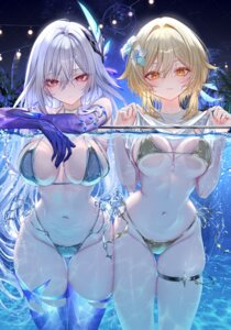bikini garter genshin_impact lumine pottsness see_through shirt_lift skirk swimsuits thighhighs thong undressing watermark wet wet_clothes