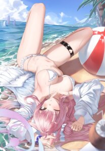 angel animal_ears bikini blue_archive dress_shirt garter hong_(vsak3373) misono_mika open_shirt see_through swimsuits wet wet_clothes wings