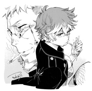 Rating: Questionable Score: 2 Tags: ahndongshik_(mangaka) ao_no_exorcist fishnets fujimoto_shirou kirigakure_shura megane monochrome smoking thighhighs User: Reverseshin