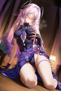 breast_grab cameltoe citlali erect_nipples genshin_impact hirahiragi_(h1rqg1) leotard no_bra nopan skirt_lift tattoo wet