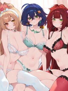 alice_thymefield animal_ears belle_(zenless_zone_zero) bra bunny_ears heterochromia lingerie pantsu tattoo thighhighs ukinami_yuzuha waterring zenless_zone_zero