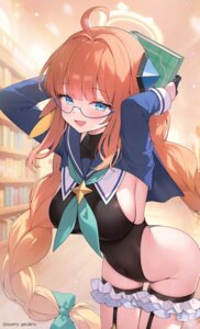 ayamy blue_archive endou_shimiko garter halo leotard megane no_bra seifuku