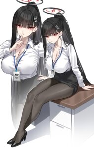 blue_archive cleavage dress_shirt halo heels open_shirt pantsu pantyhose see_through shigure skirt_lift tsukatsuki_rio