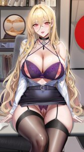 azur_lane bra dress_shirt implacable_(azur_lane) lactation lingerie megane nipples open_shirt pantsu pussy skirt_lift stockings thighhighs thong tsuki_no_i-min