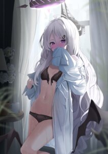 blue_archive bra devil dress_shirt halo horns inu_lin lingerie loli open_shirt pantsu see_through sorasaki_hina undressing wet wings