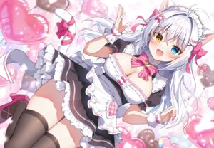aina_rive animal_ears heels heterochromia maid mauve nekomimi no_bra skirt_lift tail thighhighs