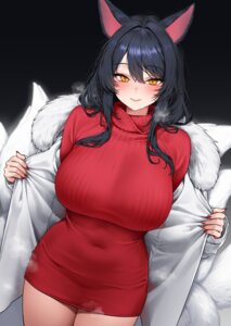 ahri animal_ears chano39 dress kitsune league_of_legends sweater tail undressing
