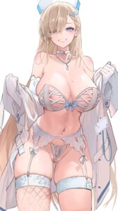 areola artist_revision blue_archive bra dishwasher1910 fishnets garter garter_belt ichinose_asuna nurse open_shirt pantsu stockings thighhighs thong undressing