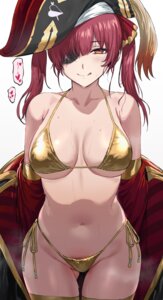 bikini eyepatch hews hololive houshou_marine open_shirt pirate pubic_hair swimsuits thighhighs undressing wet