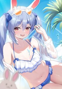 Rating: Questionable Score: 22 Tags: animal_ears bikini bunny_ears cream hololive megane night_known open_shirt see_through swimsuits usada_pekora wet wet_clothes User: Anonymous