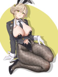 ade_(nikke) animal_ears bunny_ears bunny_girl fangxiang_cuoluan fishnets goddess_of_victory:_nikke heels megane no_bra pantyhose