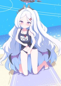 blue_archive devil halo horns loli panty_pull school_swimsuit shirt_lift sorasaki_hina swimsuits tadano_water undressing wet wings
