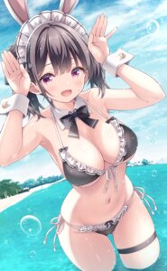 animal_ears bikini bunny_ears garter maid ryo_(botsugo) swimsuits wet