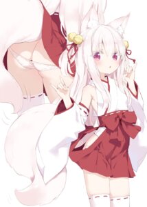 animal_ears ass kani_biimu kitsune loli miko no_bra pantsu panty_pull shimotsuki_potofu skirt_lift tail thighhighs wardrobe_malfunction