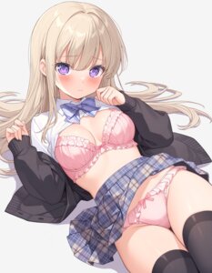 bra detexted nikki_(n2kkey) open_shirt pantsu seifuku skirt_lift sweater thighhighs