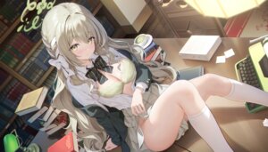 blue_archive bra halo houkisei nopan open_shirt sakurai_miyo seifuku skirt_lift