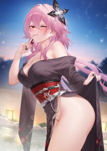 evernight honkai:_star_rail march_7th no_bra nopan onsen open_shirt shrimp_cake skirt_lift yukata