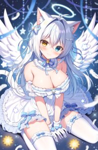aina_rive angel animal_ears dress heterochromia mauve nekomimi no_bra tail thighhighs wings