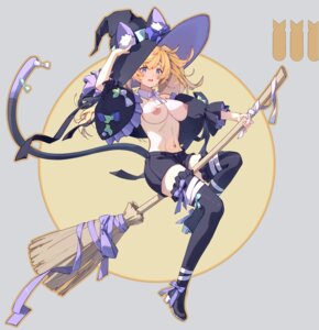 animal_ears gambier_bay_(kancolle) garter halloween heels himeyamato kantai_collection nekomimi nipples no_bra open_shirt tail thighhighs witch