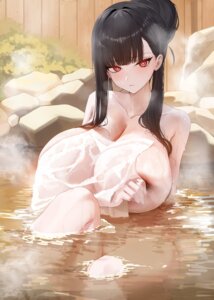 areola bathing blue_archive breast_hold naked onsen see_through towel tsukatsuki_rio wet xiujia_yihuizi