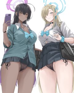 blue_archive cameltoe cleavage halo ichinose_asuna kakudate_karin miz_blank open_shirt pantsu pubic_hair seifuku selfie skirt_lift string_panties sweater thong