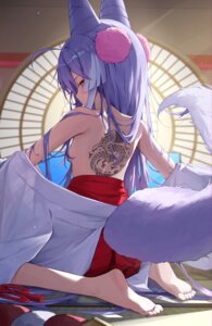 breasts clrawing japanese_clothes kitsune loli no_bra open_shirt see_through stellive tail tattoo tenko_shibuki