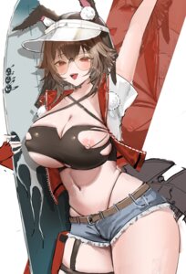 animal_ears arknights bikini bunny_ears caper_(arknights) erect_nipples garter megane nipples open_shirt sketch swimsuits torn_clothes user_vcxf5283