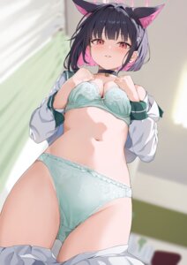 animal_ears blue_archive bra halo kizuna kyouyama_kazusa nekomimi open_shirt pantsu seifuku