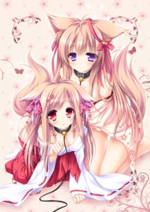 Rating: Questionable Score: 18 Tags: animal_ears japanese_clothes kitsune lump_of_sugar miko mito_kohaku mito_mashiro moekibara_fumitake no_bra nopan open_shirt skirt_lift tail tayutama tayutama_2 User: k25c2yf