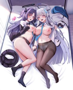 blue_archive breasts halo hayase_yuuka lingerie nipples no_bra open_shirt pantsu pantyhose pontaro see_through seifuku symmetrical_docking undressing ushio_noa wet