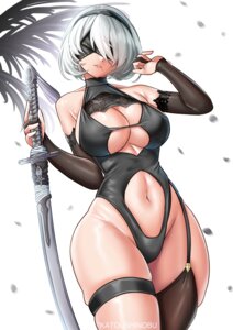 garter goddess_of_victory:_nikke katou_shinobu nier nier_automata stockings swimsuits sword thighhighs yorha_no.2_type_b