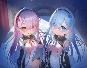 breast_hold breasts garter_belt loli maid no_bra nopan skirt_lift tsuki_usagi wet
