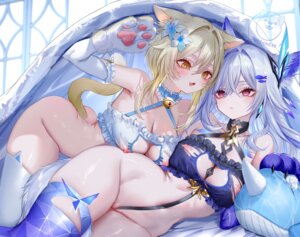 animal_ears bottomless bra censored genshin_impact lumine nekomimi nipples pottsness pussy sheets skirk tail tattoo thighhighs torn_clothes watermark yuri